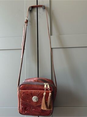 Tooled Brown Leather Crossbody Bag with Silver Concho, Grant Naturals,Paraguay